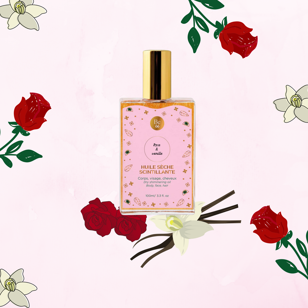 Huile sèche scintillante St-Valentin-Rose & vanille